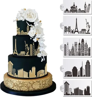 Produktbild von GKA 5 Stück Tortenschablone Städte weltweit Dekoration Schablone für Torten Kuchen Wandtattoo Kuchenschablone Welt