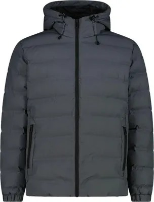 A grey puffer jacket with a hood, shown from the front against a white background.