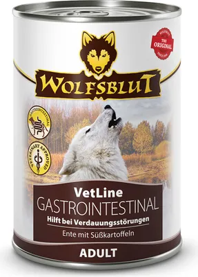 A can of dog food with a wolf howling in the background.