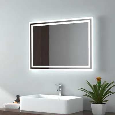 Obrázok produktu pre EMKE LED kúpeľňové zrkadlo s dotykovým spínačom 50x70cm - teplé/studené osvetlenie 3000/6500 K, proti zahmlievaniu, IP44