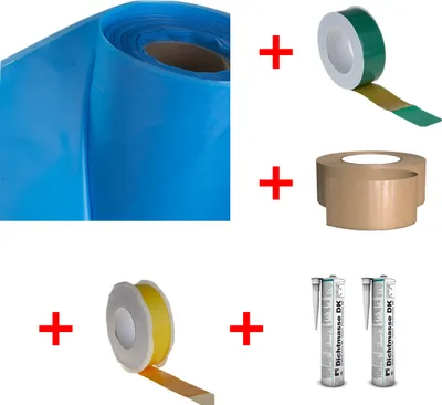 A collage of construction and sealing materials.
