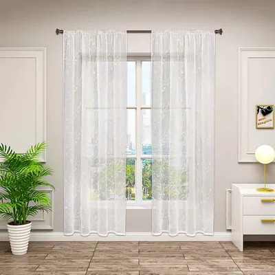 Produktbild von WOLTU 2er-Set Gardinen transparent Blumen Stickerei mit Kräuselband Leinen Optik Doppelpack Vorhang Fensterschal 140x245 cm Beige