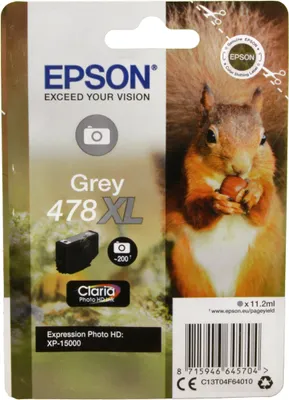 Produktbild von Epson Squirrel Singlepack Grey 478XL Claria Photo HD Ink, Hohe (XL-) Ausbeute, Grau, Tinte auf Farbstoffbasis, 11,2 ml, 1 Stück(e), 200 Seiten