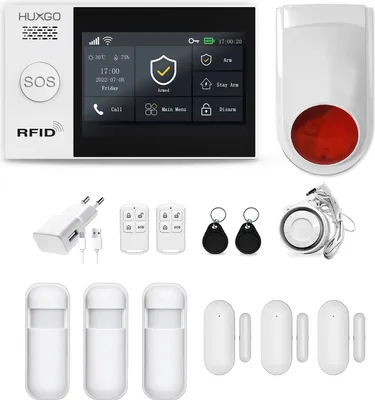 Produktbild von HUXGO HXA007 WLAN + GSM Funk Alarmanlage mit 3 Bewegungssensor und zweiter Funksirene Wohnung Garage Steuerung über das Handy TUYA Smart Anwendung SMS-Benachrichtigungen Sprache DEUTSCH