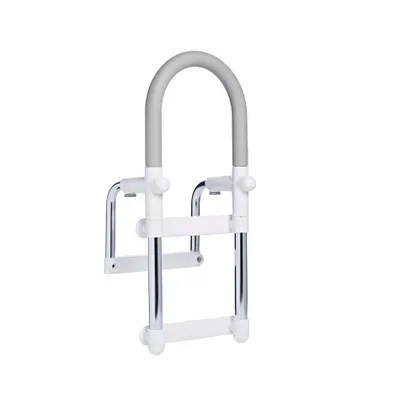 A white and gray bathtub grab bar is shown against a white background.