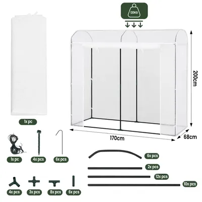 Image de Serre en film plastique - Serre de jardin - 200 x 66 x 170 cm - Avec porte - Avec fenêtres - Pour plantes grimpantes - Blanc