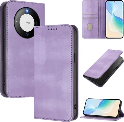 Obrázek produktu pro Pouzdro pro Huawei Mate 60, vintage kožené pouzdro s RFID ochranou, přihrádkami na karty, stojánkem Fialový