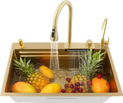 Immagine prodotto di Lavello da cucina, tre vasche, rubinetto estraibile a cascata, oro