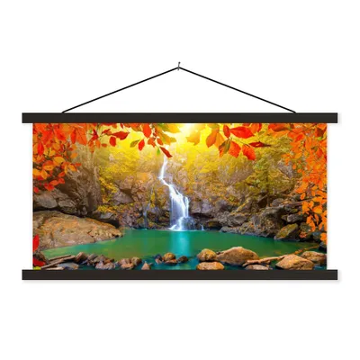 Produktbild von MuchoWow® Textilposter Steine - Baum - Wasserfall - Herbst - Rot 120x60 cm mit schwarzem Rahmen - Dekoration Schlafzimmer