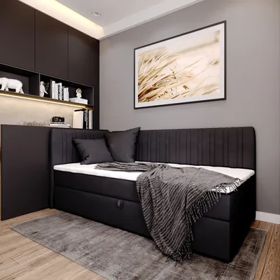 Produktbild von Boxspringbett BLANCA mit Topper und Bettkasten Einzelbett mit zwei Dekokissen Jugendbett (100x200 cm links, Schwarz/Dunkelblau)