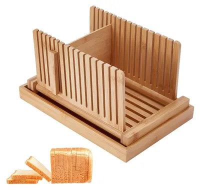Imagen del producto de Cortador de pan de bambú ajustable con cajón para migas, dimensiones: 32,3 x 21,5 x 17 cm