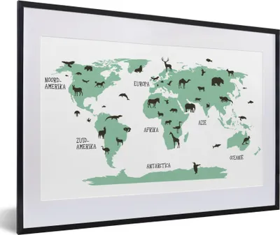 Produktbild von MuchoWow® Gerahmtes Poster Weltkarte - Kinder - Tiere - Grün - Junge - Mädchen 60x40 cm - Poster mit Schwarzem Bilderrahmen Wandposter Rahmen Foto Bilder - Schlafzimmer - Plakat in Rahmen - Drucken