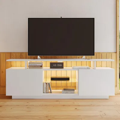 Immagine prodotto di Mobile TV a basso 140 cm, bianco lucido, con illuminazione a LED e pannelli in vetro