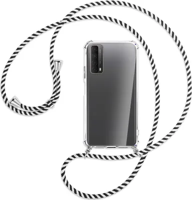 Produktbild von Handykette Backcover-Schutzhülle mit Band (Metall silberfarben) für Huawei P smart 2021 - schwarz/weiß gestreift