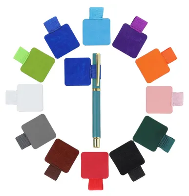 Produktbild von Set mit 12 elastischen Stifthaltern, selbstklebend, aus Leder, für Notizbücher, Tablets, Tagebücher und Kalender.