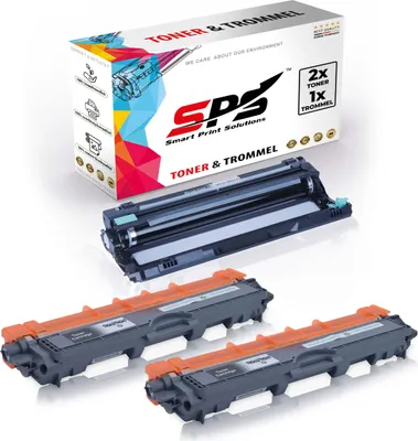 A product shot of toner cartridges and a drum unit with their packaging in the background.