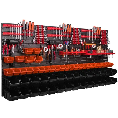 Zdjęcie produktu dla Zestaw paneli z uchwytami na narzędzia 173 x 78 cm z 56 szt. Wiszące pudełka plastikowe XL