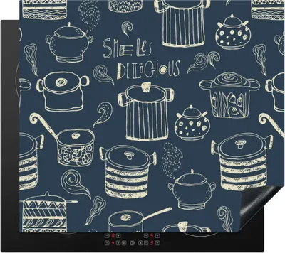 Produktbild von KitchenYeah© Herdabdeckplatte Muster - Pfannen - Kochen , 59x52cm, Küche Deko, Glaskeramikkochfeld Herdabdeckung, Abdeckplatte fùr Kochfeld