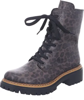 A single brown leopard print boot with black laces and a black sole is shown against a white background.