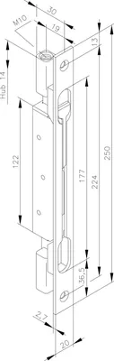 Produktbild von Doppeltürriegel Hub 14 zum Feststellen des Standflügels, 250x20x2,7mm Edelstahl