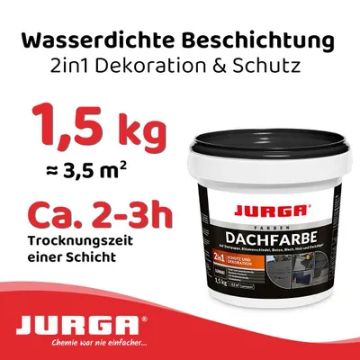 Produktbild von Jurga Dachfarbe Schwarz 1,5kg, Sockelfarbe WASSERDICHT, Fassadenfarbe für Außen, Dachbeschichtung für Blechdach, Bitumen, Dachpappe, Schindeln, Putz