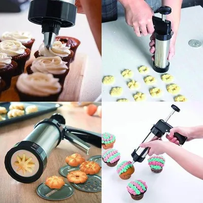 Obrázek produktu pro Ibenzoa® Stroj na tvarování pečiva z nerezové oceli s 13 hliníkovými šablonami a 8 tryskami z nerezové oceli – sada pro zdobení sušenek a dortů