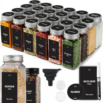 Produktbild von Set mit 24 Gewürzgläsern mit Etiketten und Schraubdeckeln