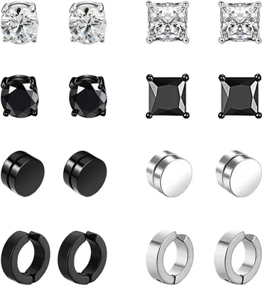 Produktbild von 8 Paar Edelstahl Magnet Ohrringe für Herren Damen Mädchen Creolen CZ Magnet Nicht Durchdringende Clip Magnet Ohrstecker Clips Tunnel Ohrclips Non Piercing Ohrringe Set Schwarz | Anwendungsbereiche: Schmuck, Party, Alltag, ohne Ohrloch