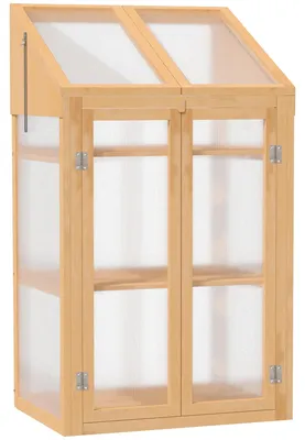 Obrázek produktu pro Mini skleník – Malý skleník s oknem a dvojitými dveřmi – 3 police – 70 x 50 cm – Hnědý – Dřevo a plast