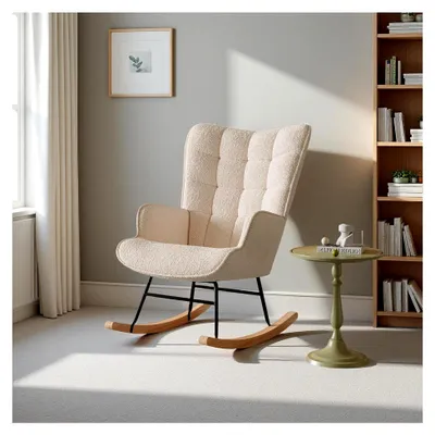 Produktbild von Teddy-Stoff Schaukelsessel, Stillsessel mit hoher Rückenlehne und Armlehnen, ergonomischer Relaxsessel für Schlafzimmer (Beige)
