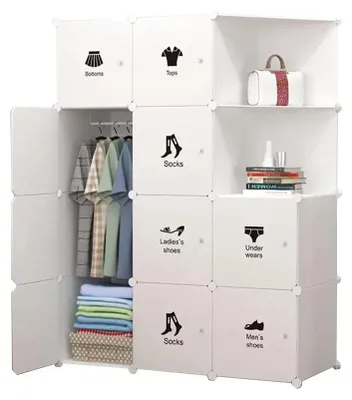 Produktbild von Modularer Kunststoff-Kleiderschrank - Würfelregal - 10 Türen - 1 Kleiderstange - 2 Eckmodule - DIY-Montage - Freistehend