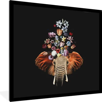 Produktbild von MuchoWow® MuchoWow® Gerahmtes Poster Elefant - Blumen - Farben 40x40 cm - Poster mit zchwarzem Bilderrahmen - Mit Rahmen - Wanddekoration Schlafzimmer