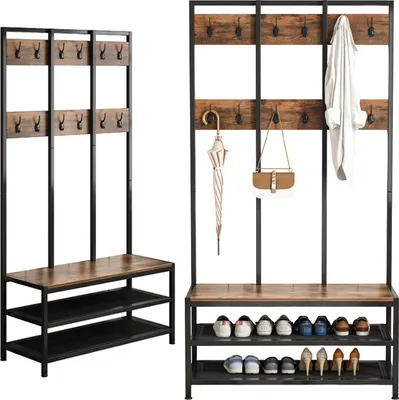 Two entryway furniture pieces, a coat rack with a bench and shoe storage, are displayed side-by-side against a white background.