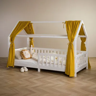 Produktbild von Hausbett Himmel NENA im 2er Set in senfgelb - Betthimmel aus 100% Baumwolle, Baldachin Musselin zweilagig, Bettvorhang für Kinder, Hausbett Deko
