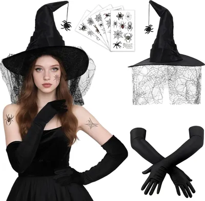 Obrázok produktu pre Klobúk čarodejnice s doplnkami, čierny klobúk, so závojom a pavúkom, na Halloween