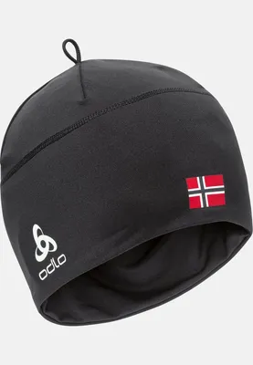 Schwarze Odlo Polyknit Fan Warm Mütze mit norwegischer Flagge und weißem Odlo-Logo