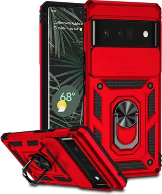 Image de Étui pour Google Pixel 6 Pro étui double couche avec couvercle coulissant pour appareil photo et support annulaire rouge
