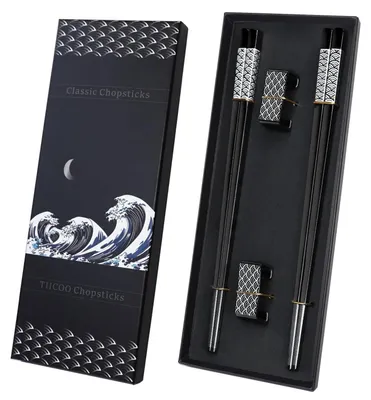Produktbild von Essstäbchen 2 Paar Edelstahl mit Halter Spülmaschinenfest Japanisch Schwarz