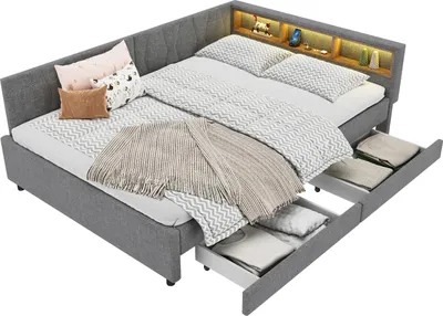 Obrázek produktu pro okwish Rozkládací postele 140×200 denní postel s roštem a úložným prostorem, postel se dvěma zásuvkami, USB + Typ C, LED ambientní osvětlení, šedá (bez matrace)