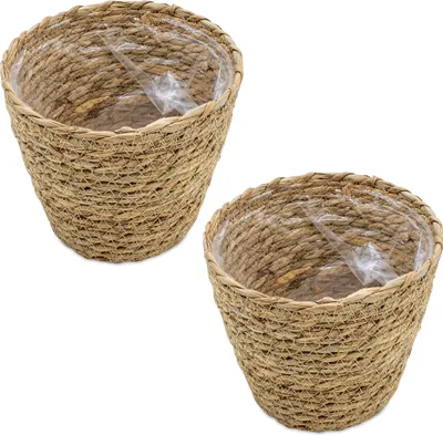 Produktbild von 3.06 Seegras Korb mit Folie ausgekleidet - 2er Set / jeweils ca. 19x16 cm - kleine Pflanzkörbe (mittel / 2er)
