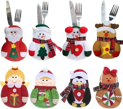 Productafbeelding van Unyqoos® 8-delige set kerstbestekzakken van vlies, 8 verschillende motieven, 7x10x14 cm – Bestekzakken voor messen, vorken en lepels, feestelijke tafeldecoratie