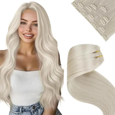 Immagine prodotto di Clip-in per extension, capelli veri, biondo platino, Remy, 80 grammi, 5 pezzi, 40 cm, colore #60
