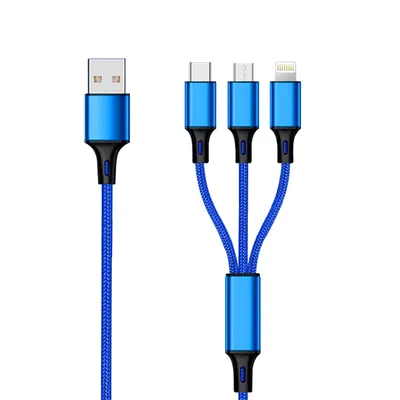 Image de 2GO 3in1 Câble de charge USB Micro-USB, Apple, TypeC Nylon 1.5m bleu