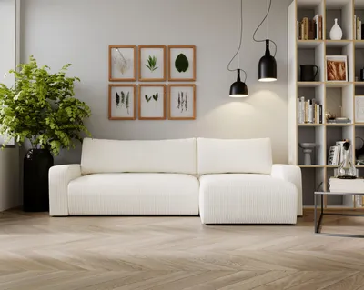 A modern living room with a white sectional sofa, a large plant, and a bookshelf.