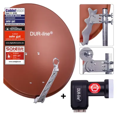 A collage of images showing a satellite dish, its mounting hardware, and an LNB.