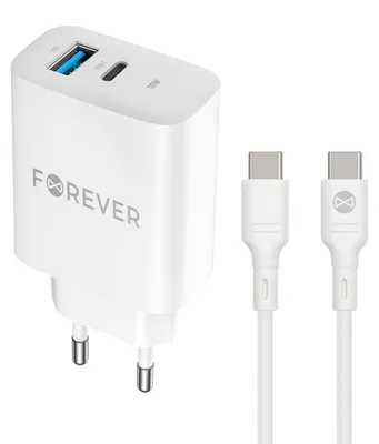 Obrázok produktu pre Nástenná nabíjačka Forever PD QC TC-07-30AC 1x USB-C, 1x USB, 30 W, biela + kábel USB-C – USB-C, 60 W