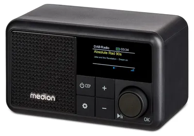 Immagine prodotto di MEDION S66822 Mini radio DAB+ portatile con Bluetooth (batteria ricaricabile fino a 6,5 ore, piccolo display a colori oscurabile, antenna telescopica, sleep timer, sveglia, snooze, AUX, USB-C) nero