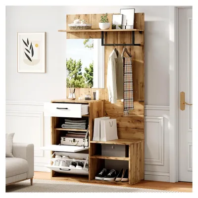 Produktbild von Garderoben-Set mit Spiegel, Schuhschrank, Flurschrank und Hängeregal, 100 * 38,5 * 190 cm, Weiß und Holzfarbe