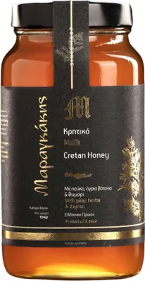 Produktbild von Kretischer Honig Kiefer Wildkräuter und Thymian 950g im Glas aus Kreta von Maragkakis Family. Reichhaltiger Geschmack, weiche Textur.