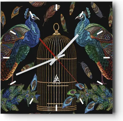 Produktbild von Wanduhr - Quadrat - Glasuhr - Pfauen Gold Käfig - 40x40cm - Schleichendes Uhrwerk - Lautlos - zum Aufhängen bereit - Dekoration Modern - Wanddekoration aus Glas - C3AC40x40-4390